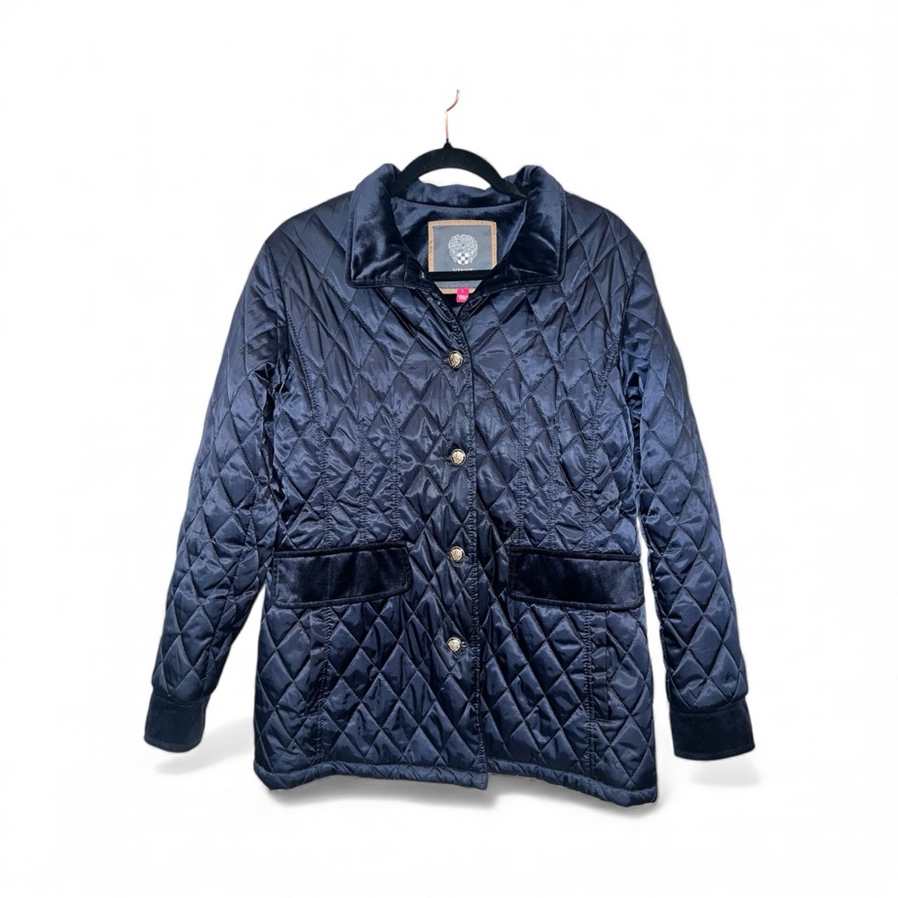 VINCE CAMUTO Navy Quilted Velvet Trim Lined Jacket Gold Buttons Pockets EUC L - Picture 5 of 12